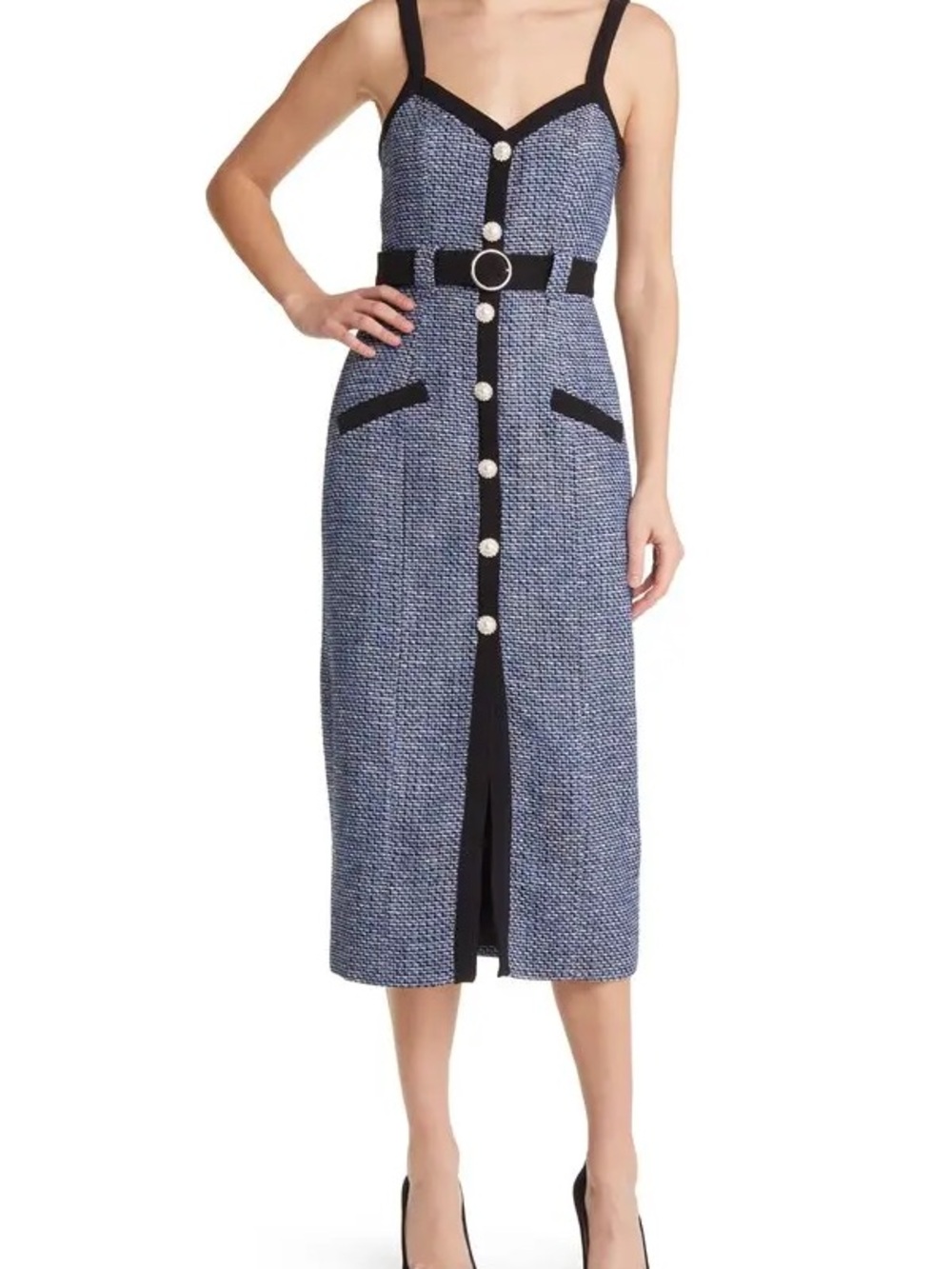 Ted Baker Blue Tweed Midi Dress with Black Trim